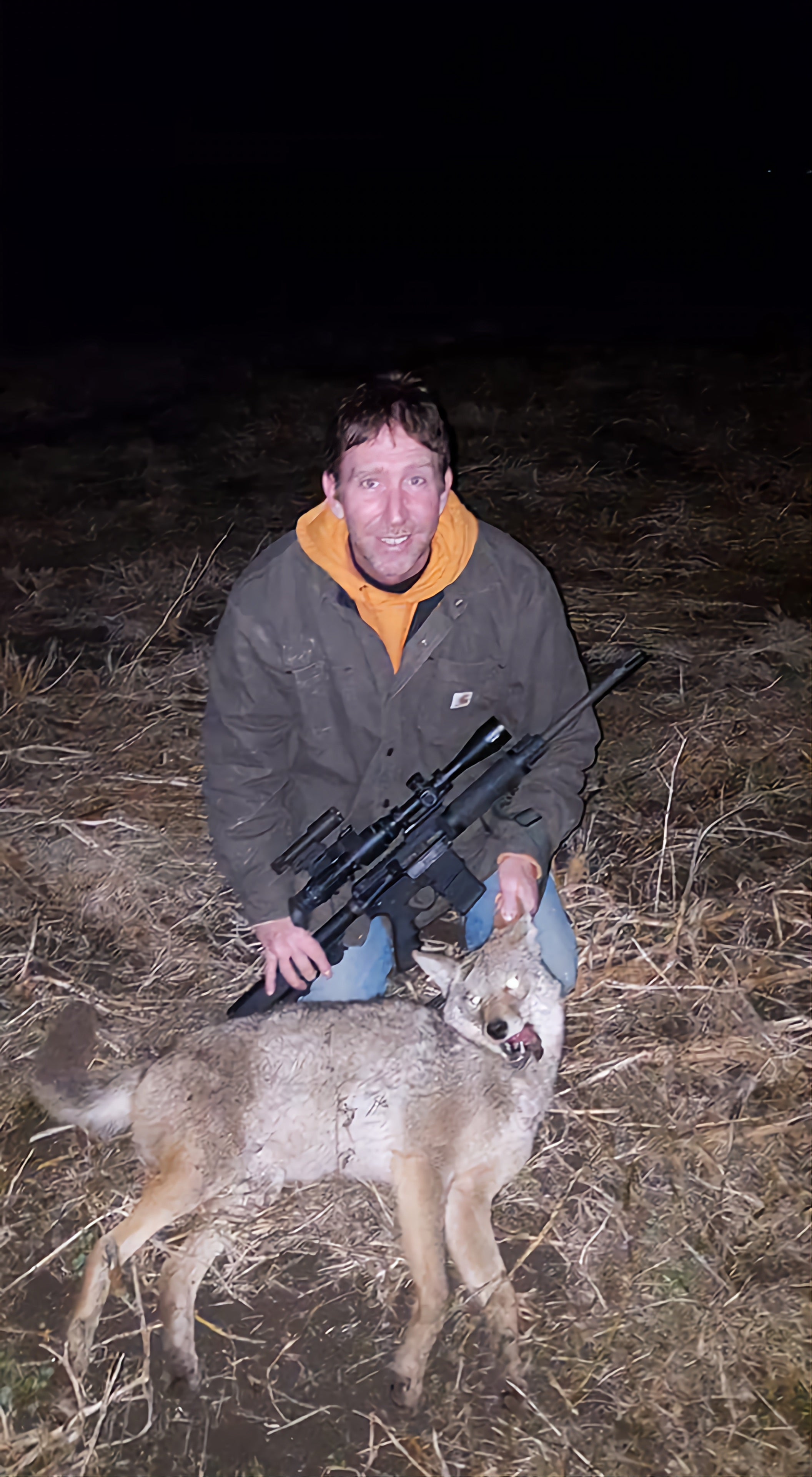 Jason Atwood of BAC Local 8 Illinois engaging in night coyote hunting to protect his farm animals.