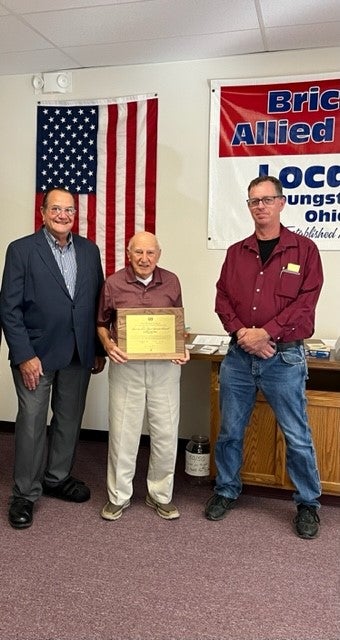 Joseph DeFuria, a proud 75-year member of BAC Local 8 Ohio, with Local 8 OH President Lee Kurtz, left, and Field Representative Brian Collier. 