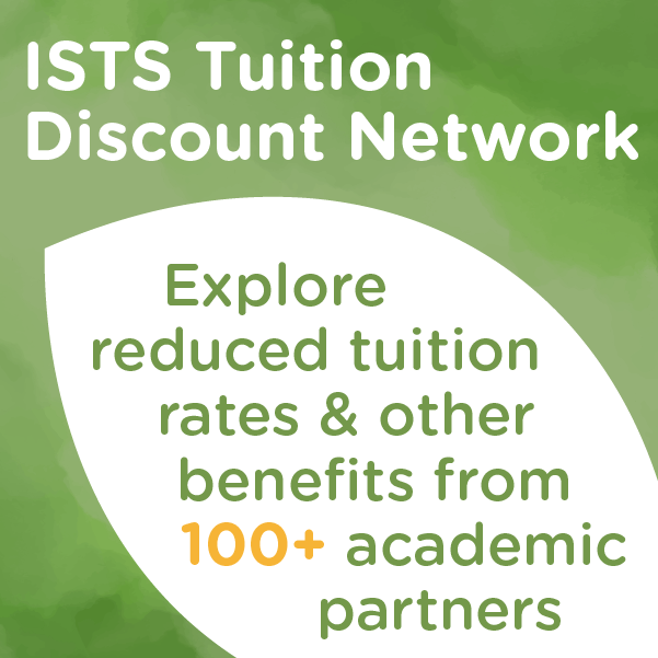 White graphic leaf on green background with “ISTS Tuition Discount Network; Explore reduced tuition rates and other benefits”