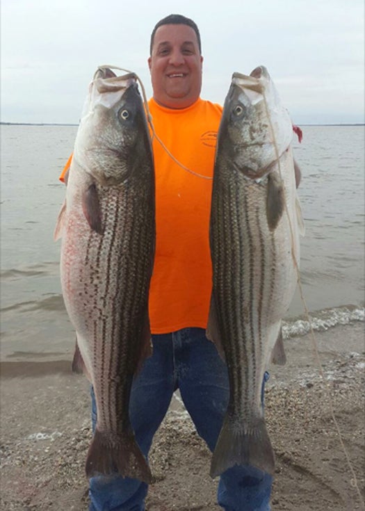 BAC Local 1 PA/DE member Thomas Formisano caught two 43-inch and 37-inch stripers in Salem, New Jersey.