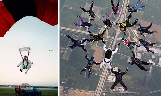 BAC Local 21 Illinois bricklayer Robert Gurskis, a.k.a. Bob G, has been a BAC member for 40 years and a skydiver for 32. Pictured, Brother Gurskis in his landing and a formation of 15 skydivers with him in the white jumpsuit.